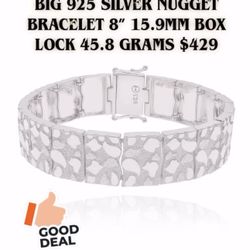 925 Silver Big 15.9mm Nugget Bracelet 8” 46