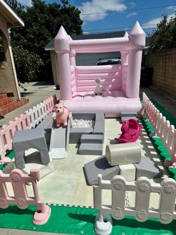 Pink Inflatable Bounce House Castle with Play Set