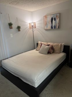 IKEA Queen Bed Frame + Mattress + Memory Foam Topper + Full Bedding Set