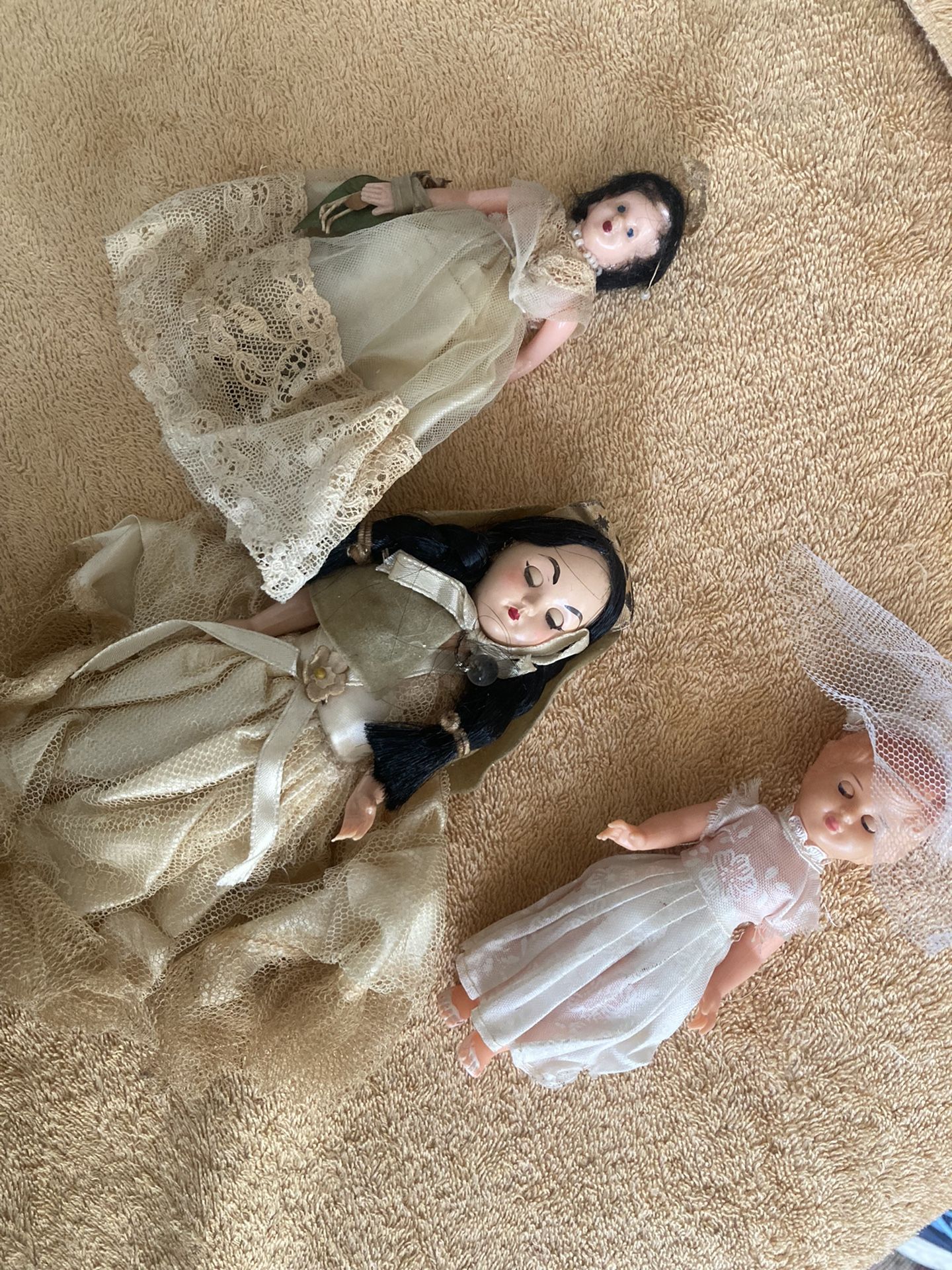 3 Small Celluloid Dolls  Wedding Dresses