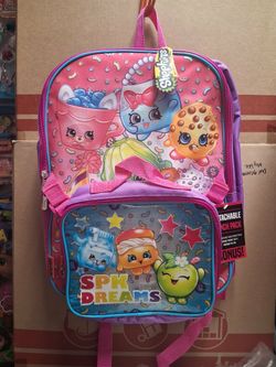 SHOPKINS BACKPACK WITH DETACHABLE LUNCH BAG ( CAN BE USED WITH OUT LUNCH BAG ALSO) 16 INCHES TALL