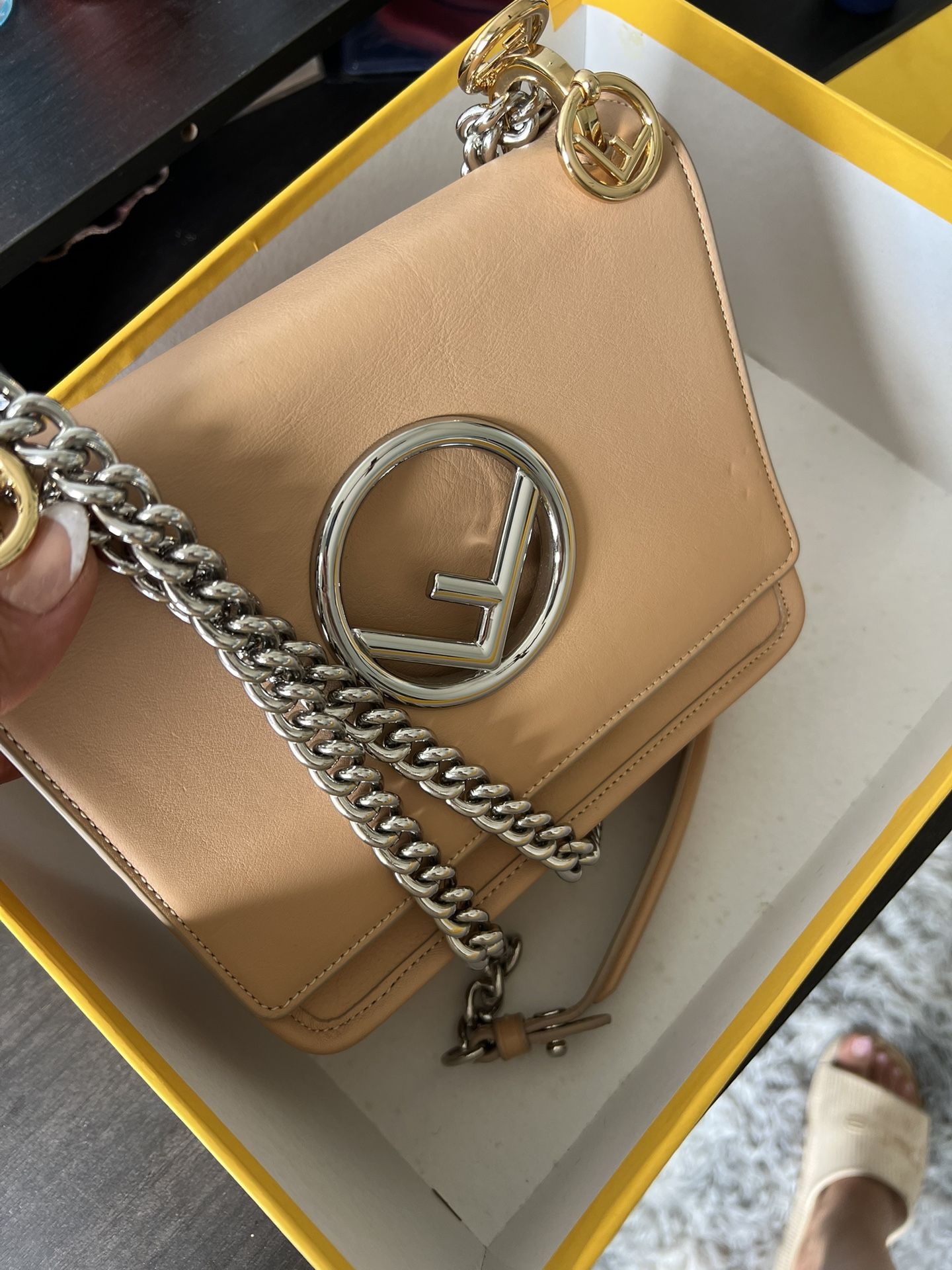 Fendi Kan I F Small Leather Shoulder Bag – Nude Pink – Authentic with Box & Cards