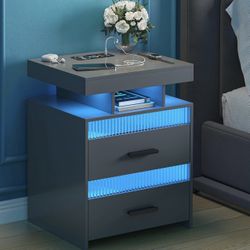 Nightstand with Charging Station, Modern End Table with 2 Drawers, Bedside Table with Human Sensor 2