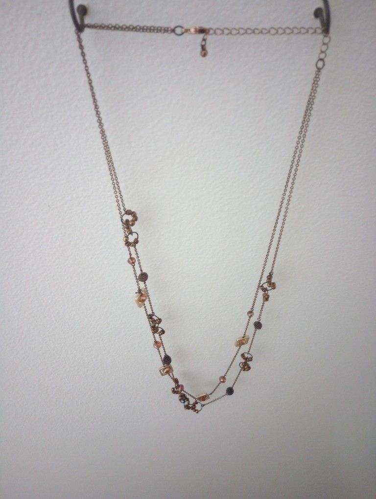 Vintage Designer 2 Strand Bronze 15 In Chain With Amber Gems & 3 In Extension