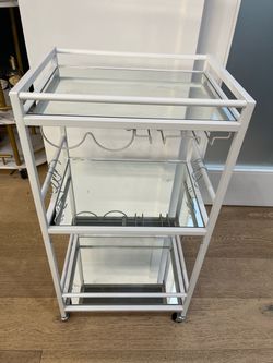 White Metal Bar Cart with Glass Shelves