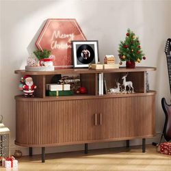 55" Large Round Record Player Stand with Charging Station, Vinyl Record Storage Cabinet, Mid Century Modern Turntable Stand with Open Shelves Holder f