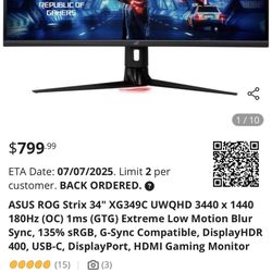 ROG Styx XG349c 185hz 34” Ultrawide Curved Gaming Monitor