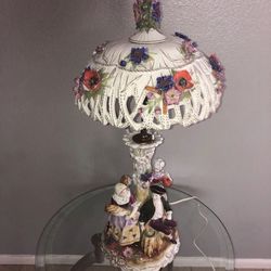 Vtg Von Scheirholz German Porcelain Figural Lamp w/ Lithophane Shade 30” Tall