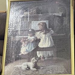 Pre Owned Two Little Girls Sitting At Piano With Puppy Watching Jigsaw Framed
