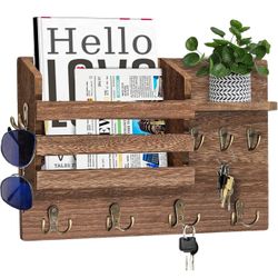 Wall Mounted Mail Organizer with Shelves and Hooks, Mail Holder for Wall with Key Hooks, Wood Mail and Key Holder for Wall, Key Rack with Hooks, Entry