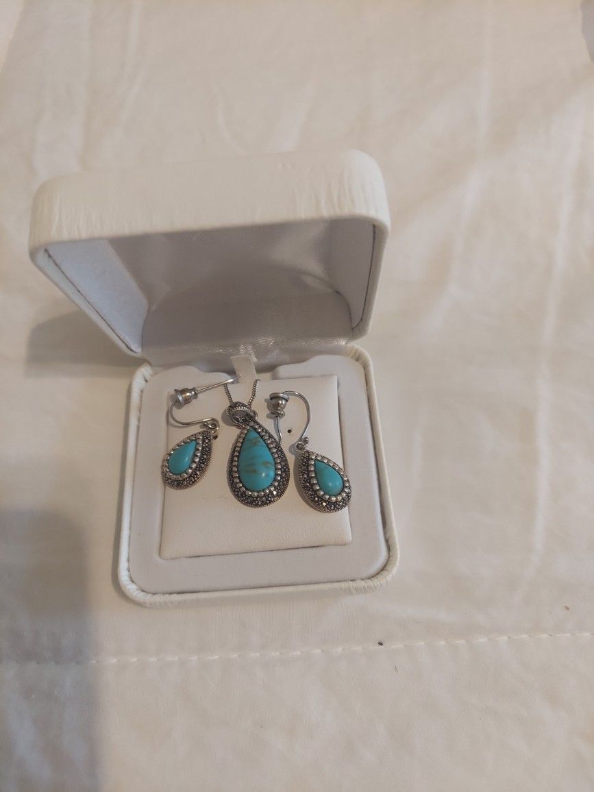 Sterling Silver Turquoise Earrings And Necklace
