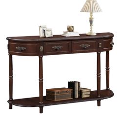 52" Half-Moon Console Table with Drawers & Shelf in Distressed Espresso