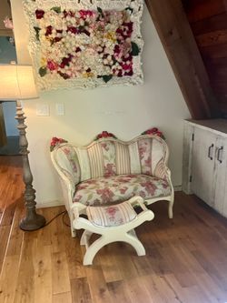 Vintage loveseat, custom upholstered, couch, and ottoman