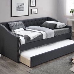 New Twin Size Day Bed w/ Slats + Trundle Charcoal Color. It comes with the 2 mattresses 