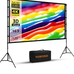 Projector Screen and Stand, Towond 120 inch Portable Projector Screen Indoor Outdoor Movie Screen 16:9 4K HD Wrinkle-Free Lightweight Projection Scree