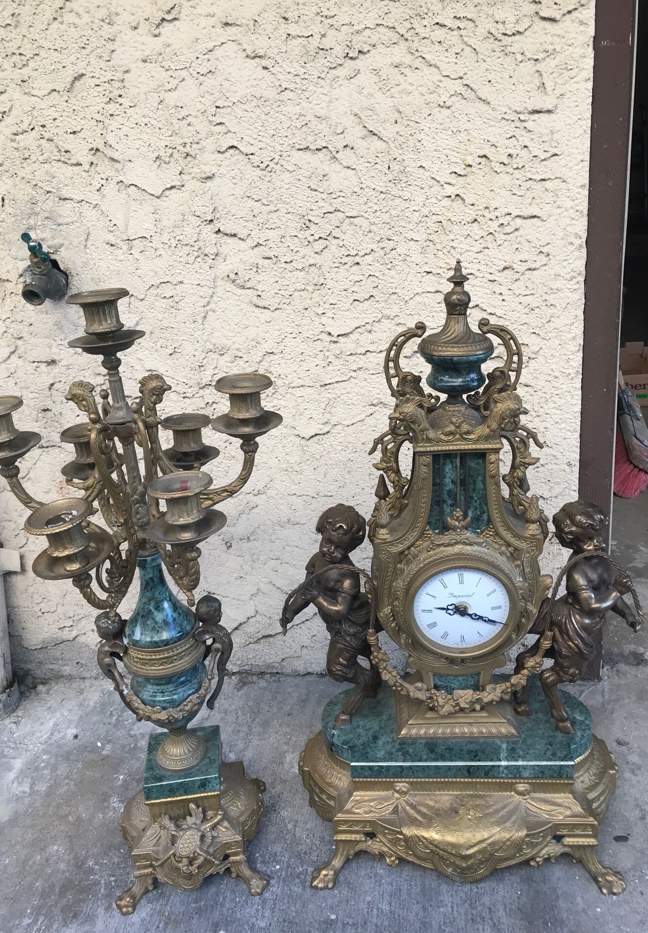Antique brass and marble Italian clocks and 1-candles holders