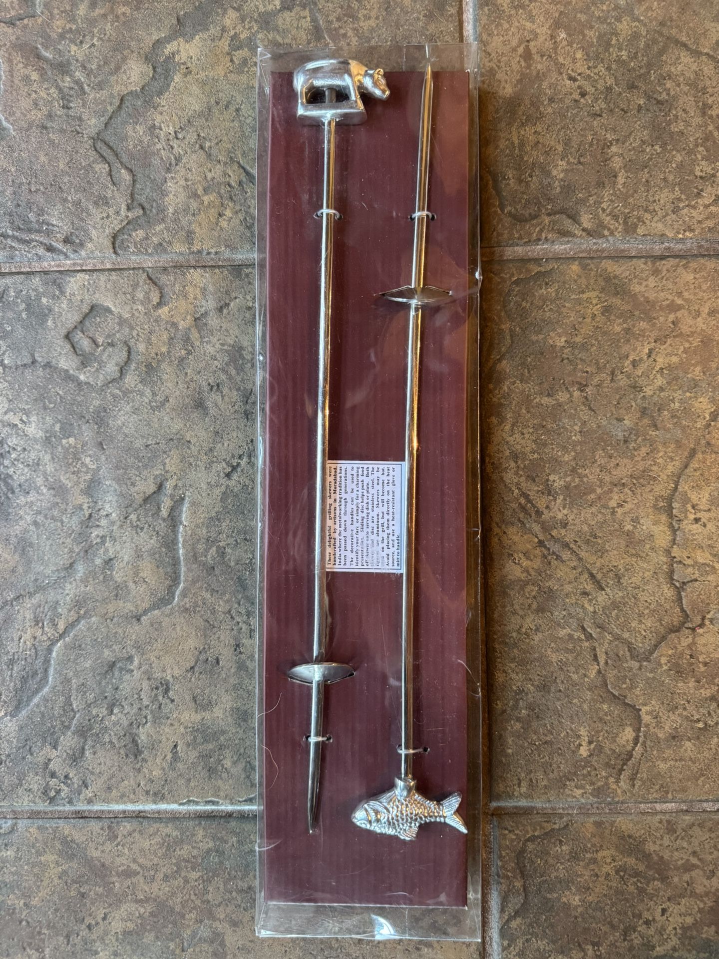 Vintage Ten Thousand Villages Large XL Picnic Pair Skewers Set Pig & Fish NEW