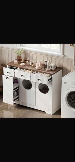 White Laundry Sorter Cabinet with Drawers
