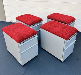 Set Of 4 Knoll Office Mobile Pedestal Rolling File Cabinet Cushion Top Seating