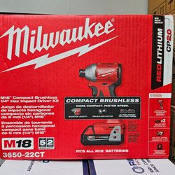 NEW Milwaukee M18 Brushless Gen-2 Impact Drill Kit With 2 Batteries