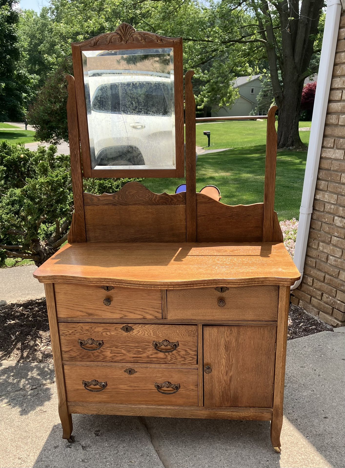 Antique Serpentine Dresser with Mirror