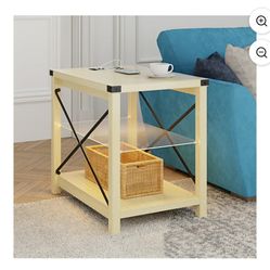 Set of 2.End Side Table with LED Lights, Small Bed Side Table with Charging Station for Narrow.Nature Wood