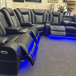 3pcs Black Leather Air Power Reclining Sectional w/ USB Speaker and LED Light