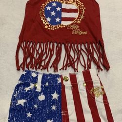 Apple Bottoms Toddler Girl 12 Month Fourth 4th Of July Patriotic Fringed tank top & Shorts Outfit