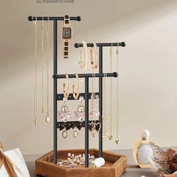 Jewelry Holder, Jewelry Organizer, 4 Independent Zones, Jewelry Display Stand with Metal Frame, Necklace Earring Bracelet Holder, for Rings,