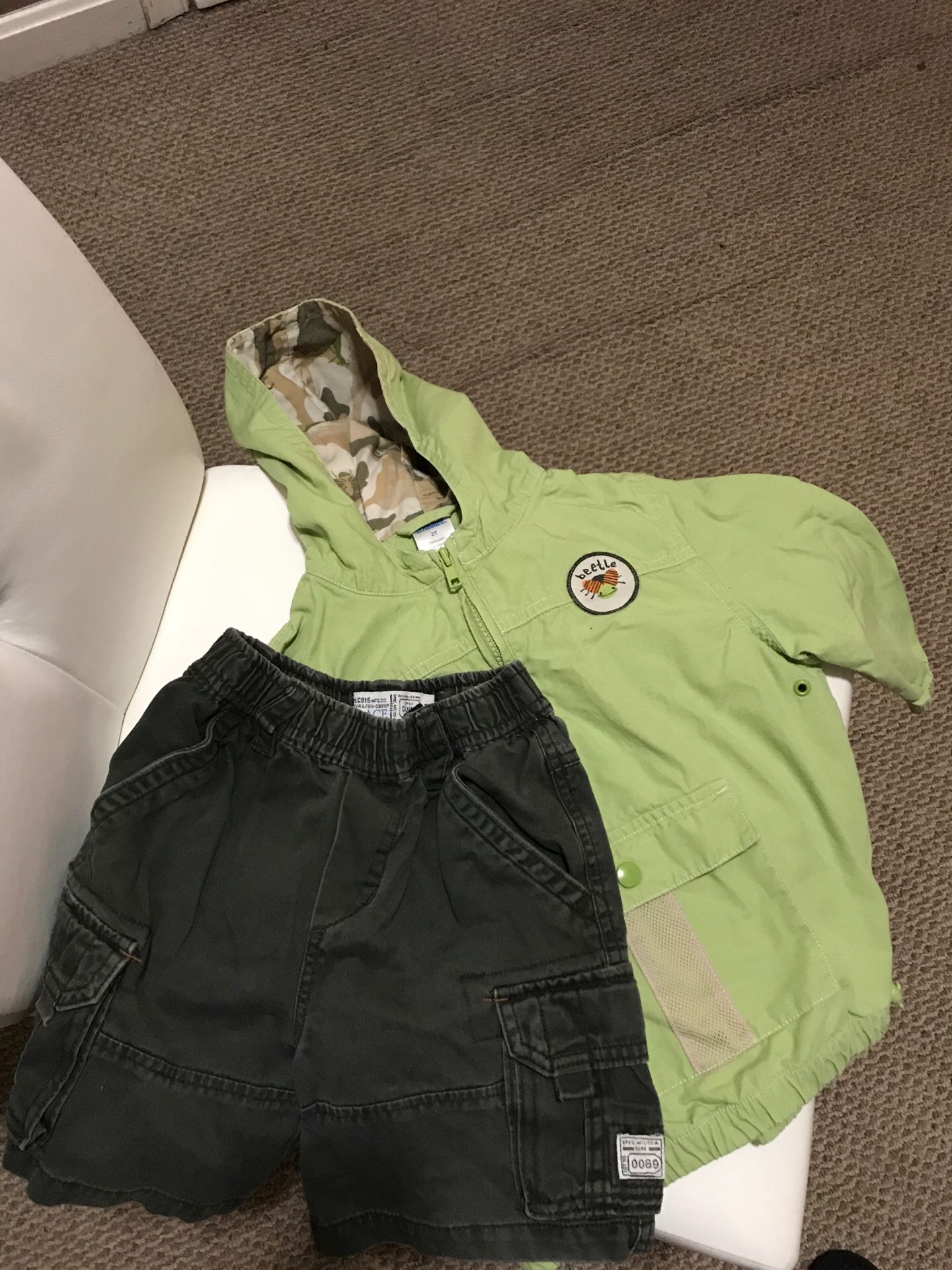 Green pullover Gymboree jacket and gray khaki shorts size 2t