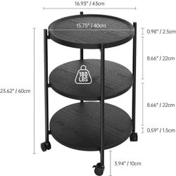 Side Table, 3-Tier Modern End Table with Wheels- Black 