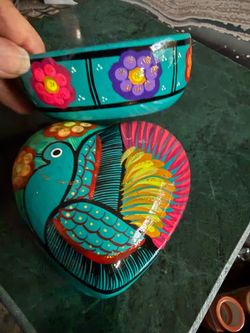 Beautiful Mexican Hand Painted Heart Jewelry Box - paint glows under black light !