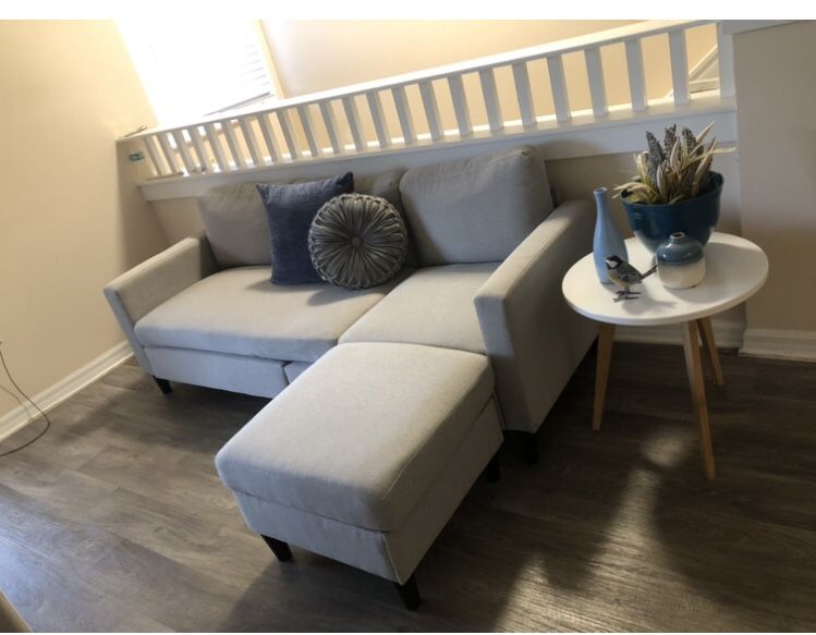 Linen Sectional Sofa / Couch with ottoman/ gray/ Fabric & Wood