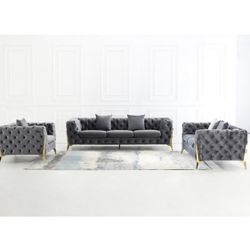 Grey Velvet 3 Piece Living Room Set With Gold Legs Brand New In Box Firm Price $2,680