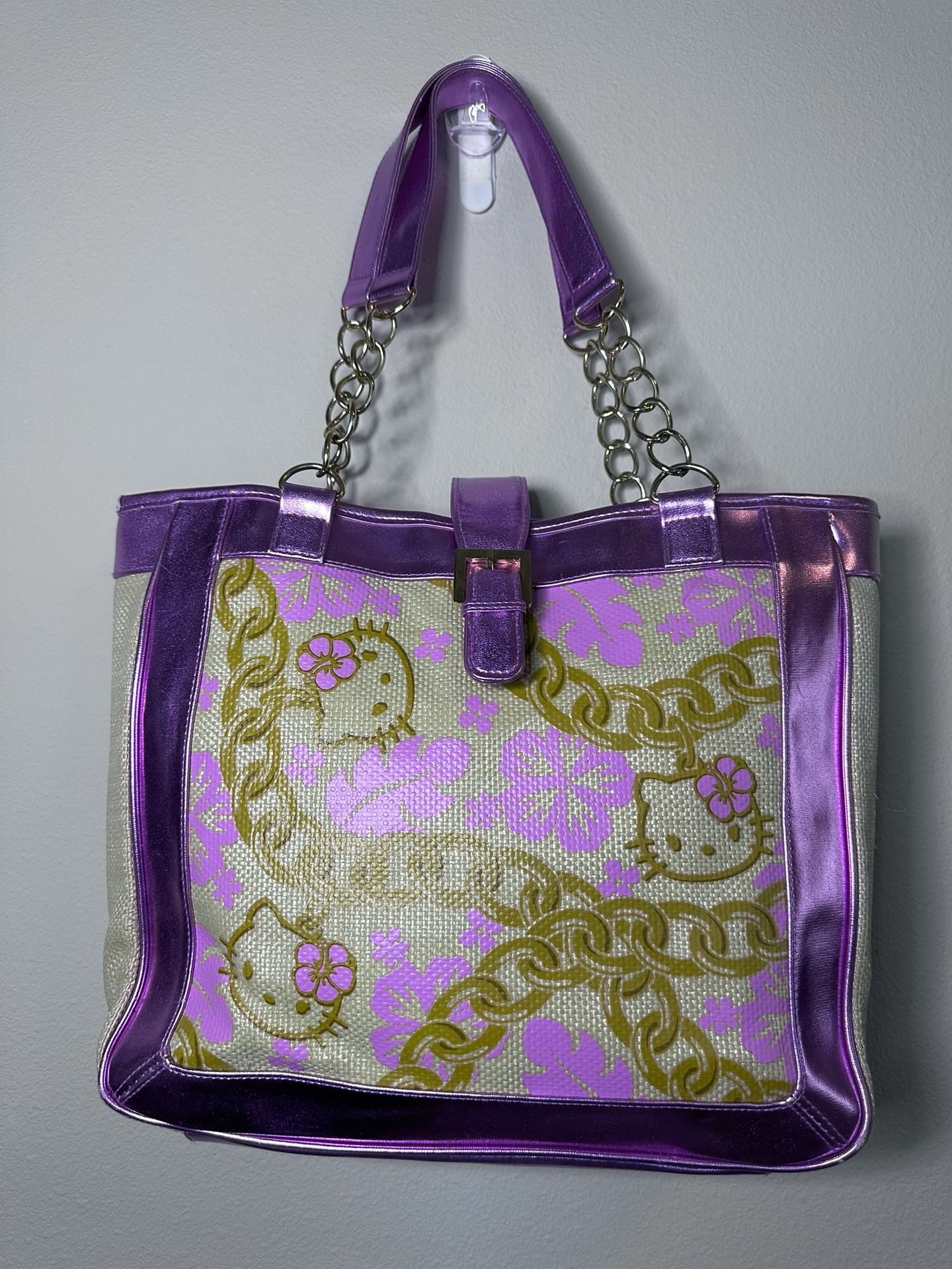 Pre Owned Sanrio Hello Kitty Faux Straw Tote Bag Purse Faux Leather Metallic Straps