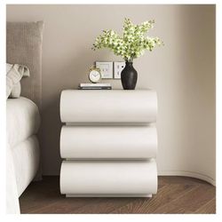 Mid-Century Modern Nightstand, Leather-Wrapped Bedside Table with 3 Spacious Solid Wood Drawers, Round Curved Design for Bedroom Decor