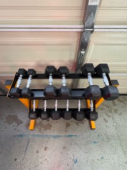 Rubber Hex Dumbbell Set with Rack 5–30 lbs