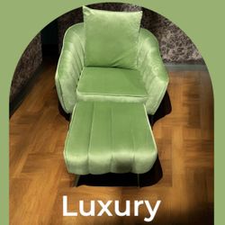 Velvet Accent Sofa Chair with Ottoman & Pillow