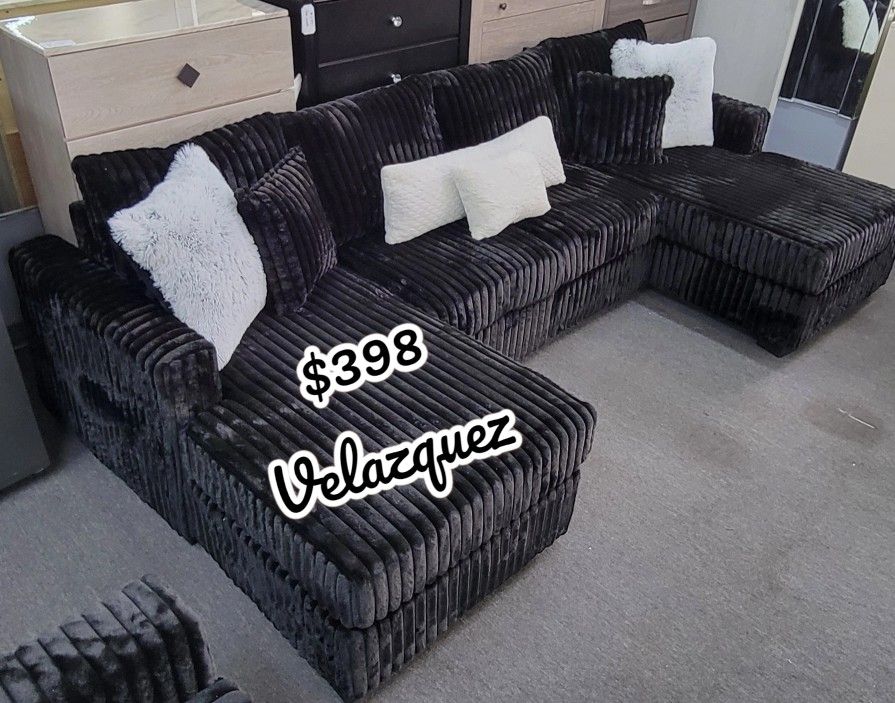 ✅️✅️3 pc black fur like jumbo corduroy fabric sectional sofa with double chaise✅️✅️