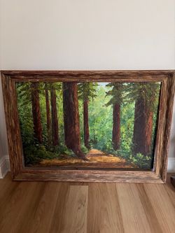 Vintage Framed Redwood Forest Landscape Oil Painting