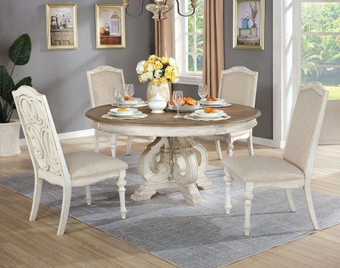 Brand New Rustic Antique White, Ivory 5pc Round Dining Table Set