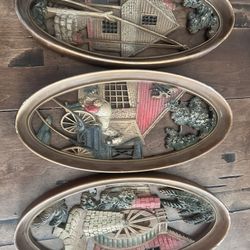 Vintage Burwood Oval Country Scene Wall Hanging Set Of 3