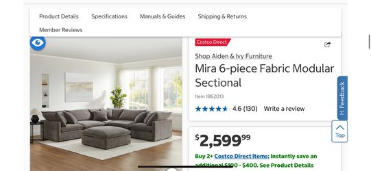 Costco Mira 6-piece Fabric Modular Sectional RETAIL $2699 ME $1500 BEST MATERIAL BETYER THAN SCREEN