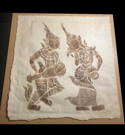 Antique Thai Temple Rubbing: Celestial Musicians Large Hand-Pressed Wall Art