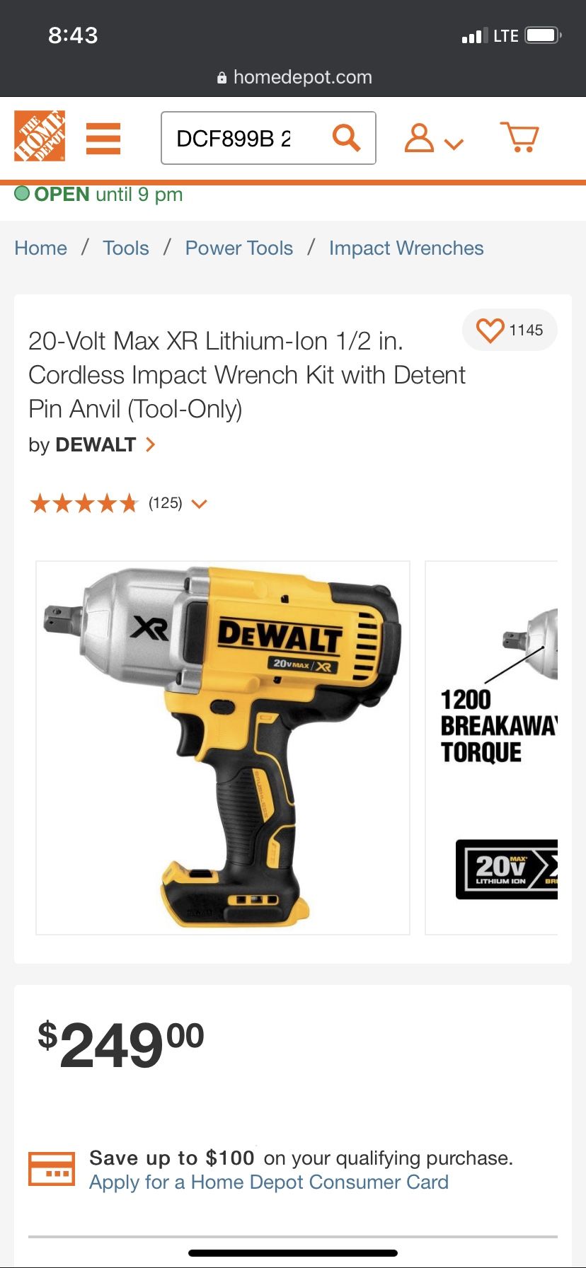 20-Volt Max XR Lithium-Ion 1/2 in. Cordless Impact Wrench Kit with Detent Pin Anvil (Tool-Only