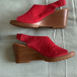Sorel Women's After Hours Red Suede Open Toe Slingback Wedge