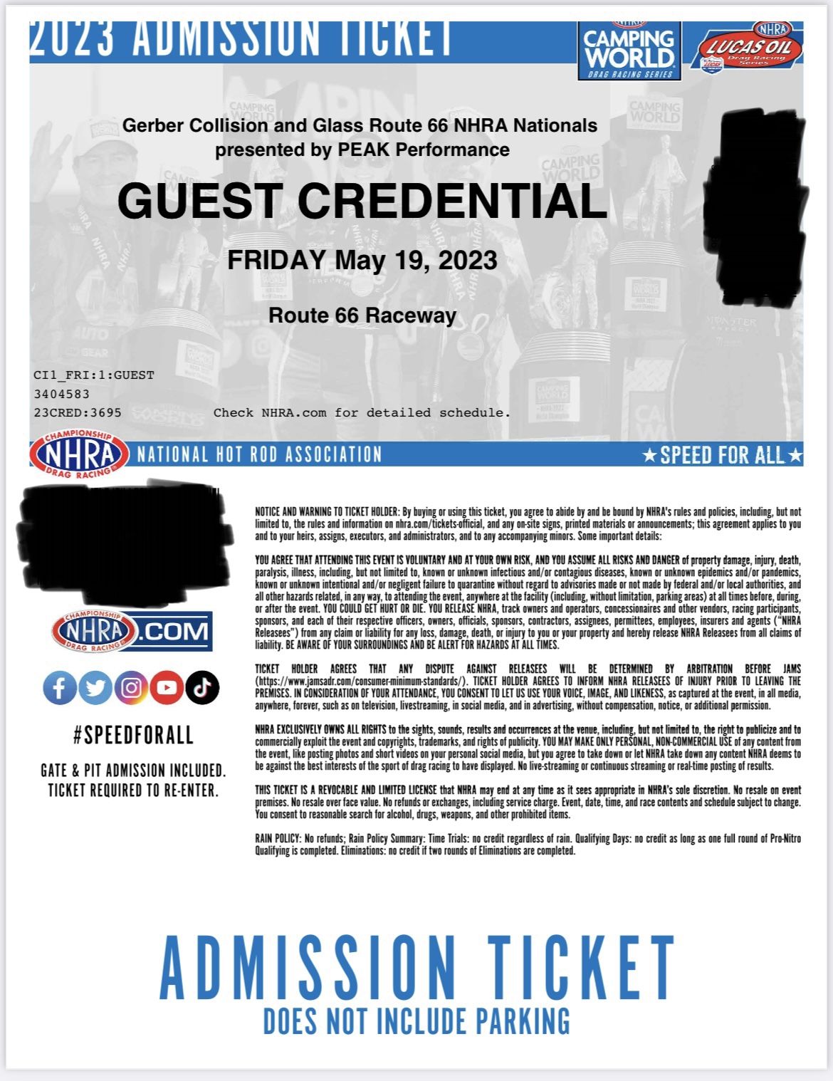 NHRA Nationals Tickets $60 Each