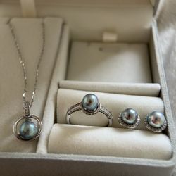Akoya Sea Pearl 925 Sterling Silver Jewelry Gift Set with box