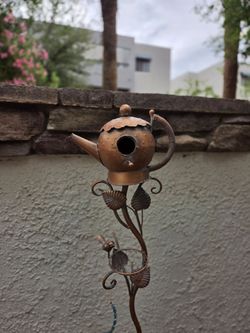 Copper Metal Teapot Birdhouse Garden Stake