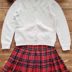 SIZE 10-12 GIRLS 2-PIECE OUTFIT V-NECK THICK KNITTED SWEATER W/MULTICOLOR PLAID PLEATED SKIRT